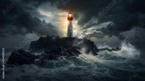 A lighthouse in the middle of a stormy ocean AI Generated photo