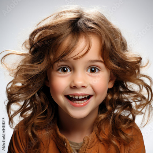 A professional studio head shot capturing the anticipation of a 6-year-old French girl with her eyes shining in excitement.