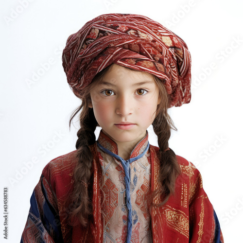 Studio shot of an 8-year-old Turkmen in traditional clothing.