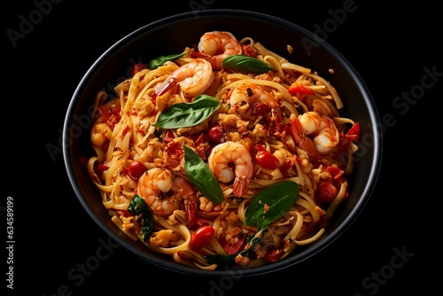 Top View Fettuccine with Prawns