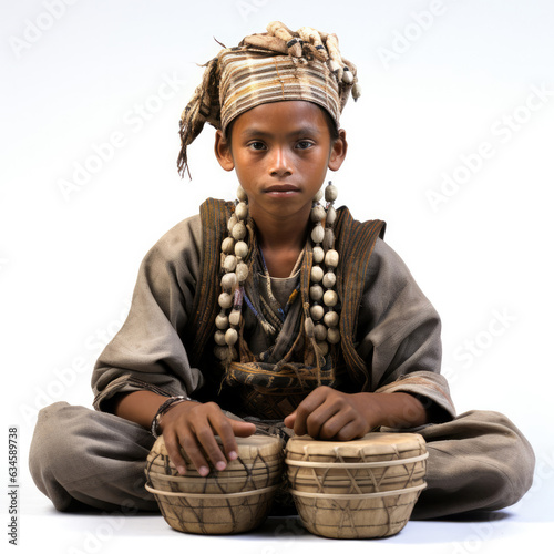 Studio shot of a Burmese (Myanmarese) 8-year-old boy in traditional attire, with a pat waing (drum circle), isolated on a pure white background.