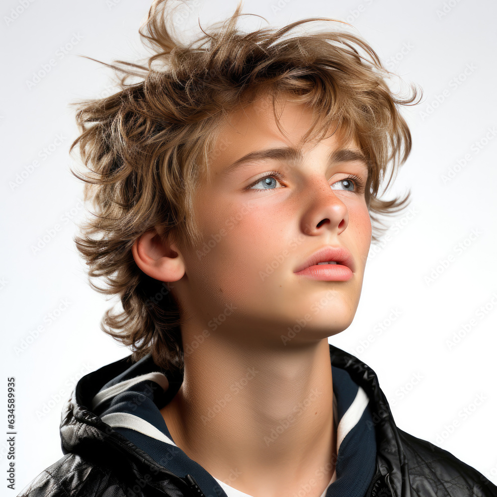 Professional studio head shot of a dreamy 15-year-old Norwegian boy gazing upwards. Professional studio head shot of a dreamy 15-year-old Norwegian boy gazing upwards.