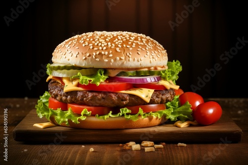 Tasty Hamburger on Rustic Backdrop
