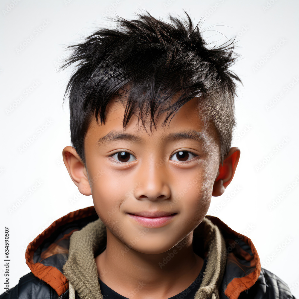 Professional studio head shot of a relaxed 9-year-old Vietnamese boy with a light smirk. Professional studio head shot of a relaxed 9-year-old Vietnamese boy with a light smirk.