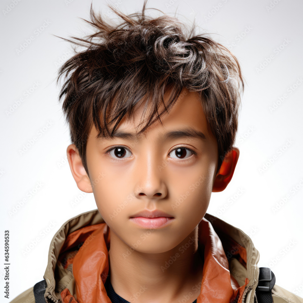 Professional studio head shot of a mellow 13-year-old Japanese boy with a relaxed expression. Professional studio head shot of a mellow 13-year-old Japanese boy with a relaxed expression.