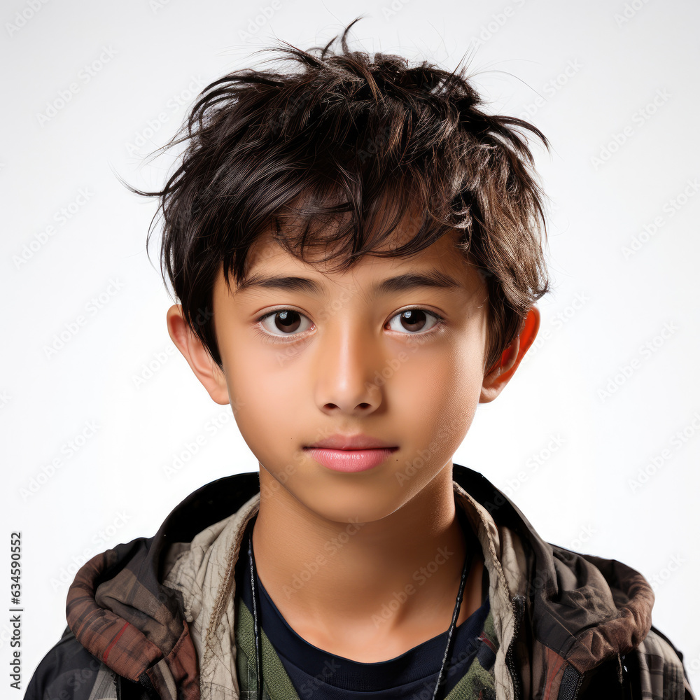 Professional studio head shot of a mellow 13-year-old Japanese boy with a relaxed expression. Professional studio head shot of a mellow 13-year-old Japanese boy with a relaxed expression.