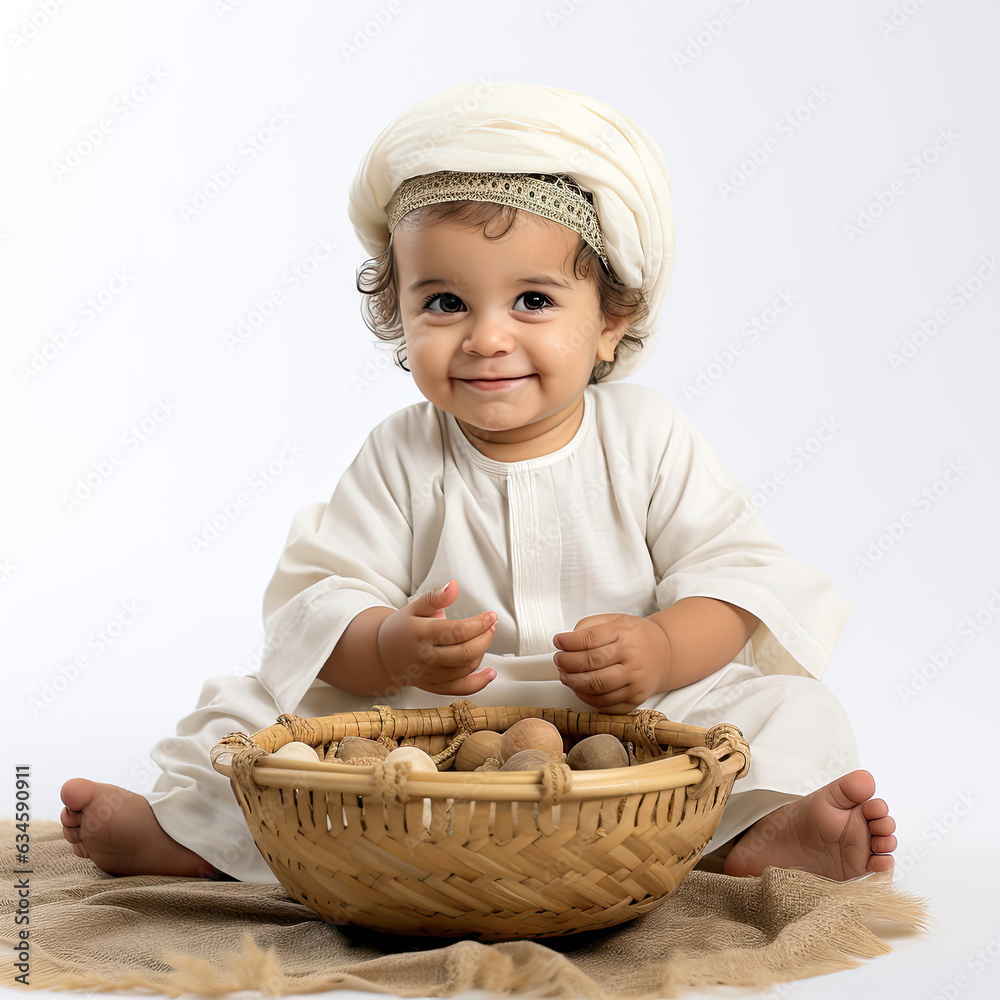 Studio shot of an adorable Omani toddler wearing a mini dishdasha, isolated on a pure white background.