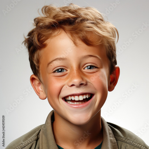 A professional studio head shot capturing the amused chuckle of a 9-year-old Bosnian boy.