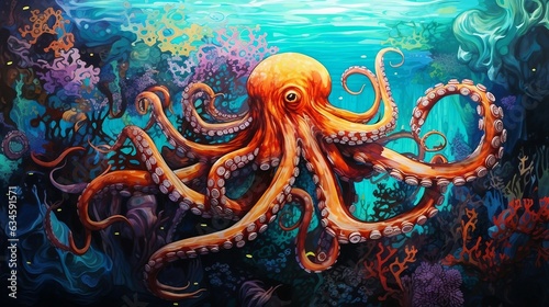 An illustration of an octopus swimming in the ocean AI Generated