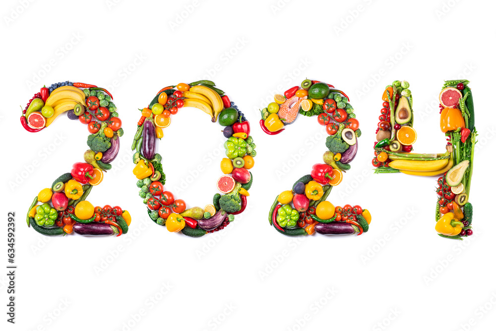New year 2024 food trends. New Year 2024 made of vegetables, fruits and