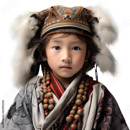 Studio shot of an 8-year-old Derung child wearing traditional clothing. photo