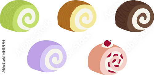 Various cake roll flavours such as chocolate, matcha, original, taro and strawberry for sweet dessert elements, snack, logo, icon, sticker, cafe, menu, recipe, banner decoration, grocery, baking