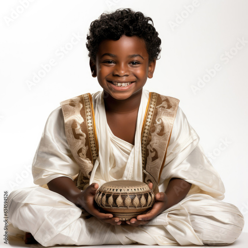 Studio shot of an 8-year-old boy in traditional attire playing a hand drum. photo