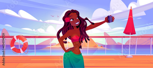 Young african girl in swimsuit takes selfie in front of sea standing on deck of ship or terrace on coast. Cartoon vector of beautiful woman taking photo of herself during summer vacation or cruise.