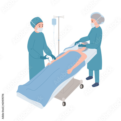 Patient in hospital lies under sedative mask, doctors doing general anesthesia, surgical anesthesia vector illustration