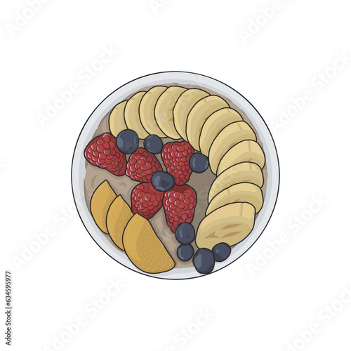 Bowl of oatmeal with berry and banana. Healthy cereal breakfast with fruit, isolated on white background