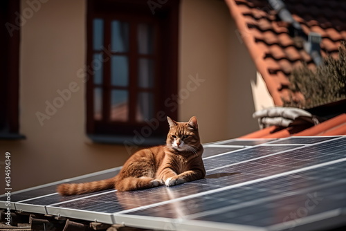 Lazy domestic cat located on house roof with solar panels in sunny weather. Alternative electricity concept. photo