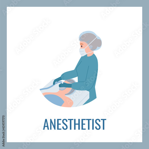 Patient lies under sedative mask, anesthetist doing general anesthesia, medical emergency treatment vector poster photo