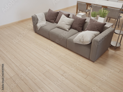 Wooden floor of bright living room and sofa in modern house or luxury villa. Home interior 3d rendering with white wall.