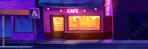Night city street cafe building outside cartoon background. Restaurant exterior with sidewalk and road with nobody. Open signboard on shop storefront and window with people silhouette in evening