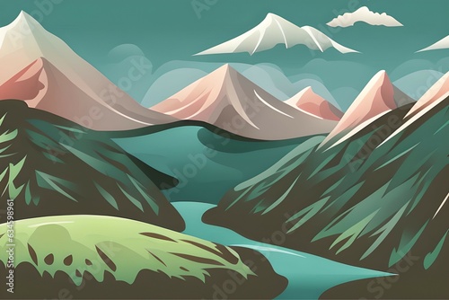 High Mountains and Low Valleys. Digital illustration. Kids Cartoon Backgrounds. Children Story Book illustration. 2d illustration. Generative AI