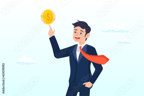 Confident businessman spinning big money coin on his finger, financial plan investment strategy, decision to make profit or pay off debt, contemplation or thinking about savings and wealth (Vector)
