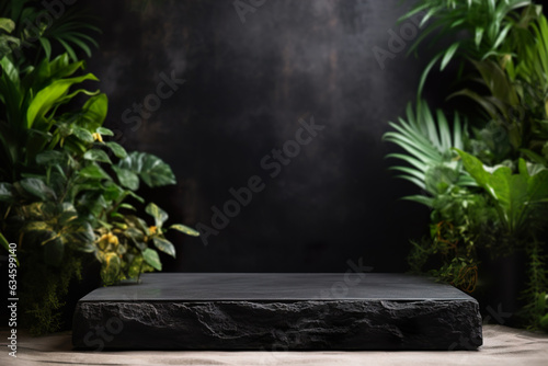 Product presentation mock-up with plants leaves. Black stone podium with copy space. Stage, display, showroom. Empty tropical scene. Jungle theme. Generative AI.