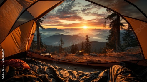 View from the inside of the tent into an untouched landscape with a breathtaking sunrise. Generative AI