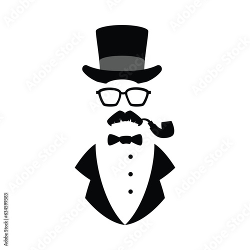 Silhouette of elegant man in hat, glasses and mustaches, flat vector illustration isolated on white background.