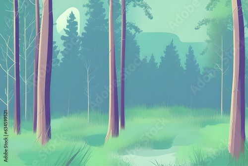 Magical forest covered in mist in the morning light. Digital illustration. Kids Cartoon Backgrounds. Children Story Book illustration. 2d illustration. Generative AI