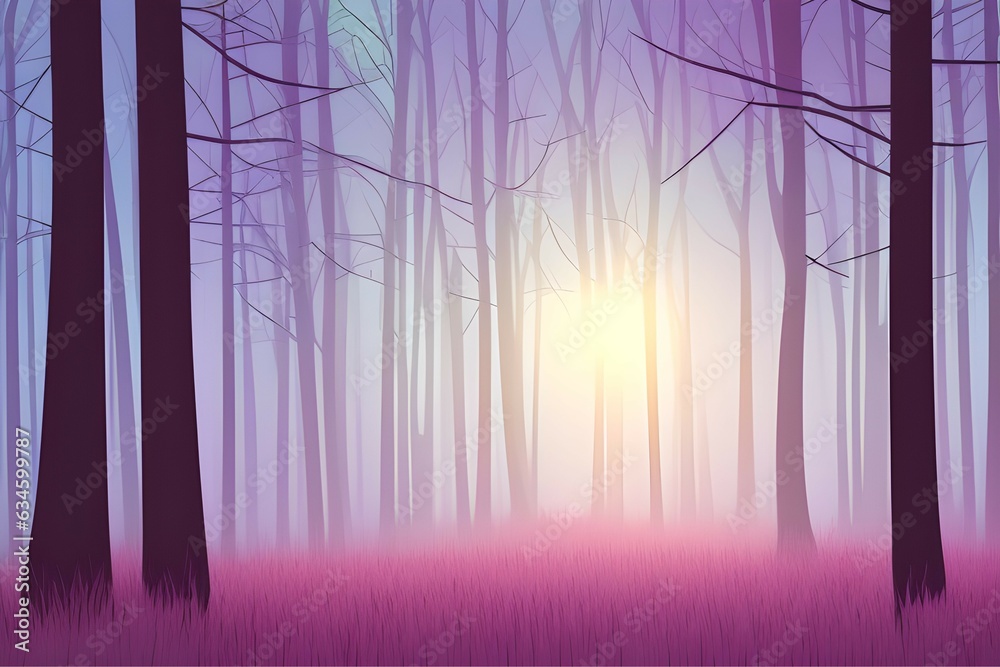Obraz premium Magical forest covered in mist in the morning light. Digital illustration. Kids Cartoon Backgrounds. Children Story Book illustration. 2d illustration. Generative AI