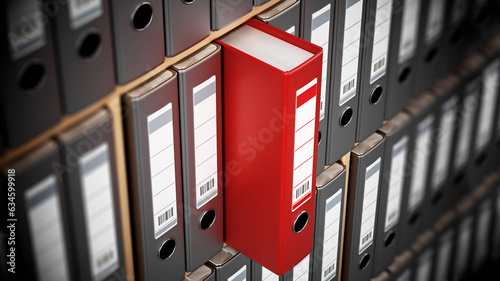 Red folder standing out among black ones inside wooden shelves. 3D illustration