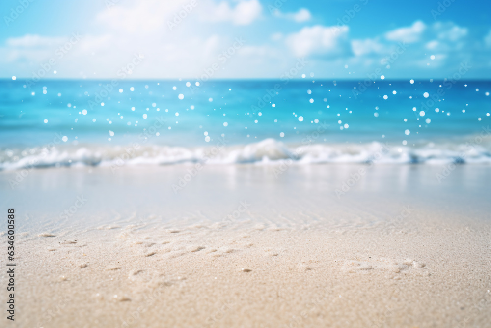 Nature of tropical summer beach with rays of sunlight. Light sand beach, ocean water sparkles against blue sky. - Generative AI