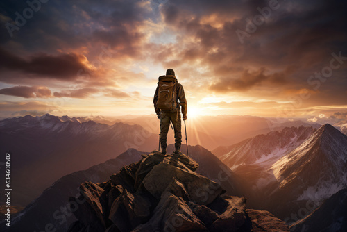 Mountain man on a summit. Strong mountain climber on the summit of a peak watching sunset - Generative AI