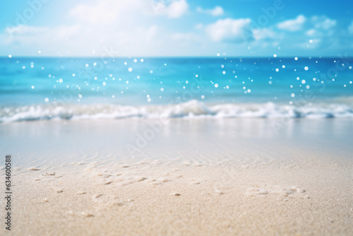 Nature of tropical summer beach with rays of sunlight. Light sand beach, ocean water sparkles against blue sky. - Generative AI
