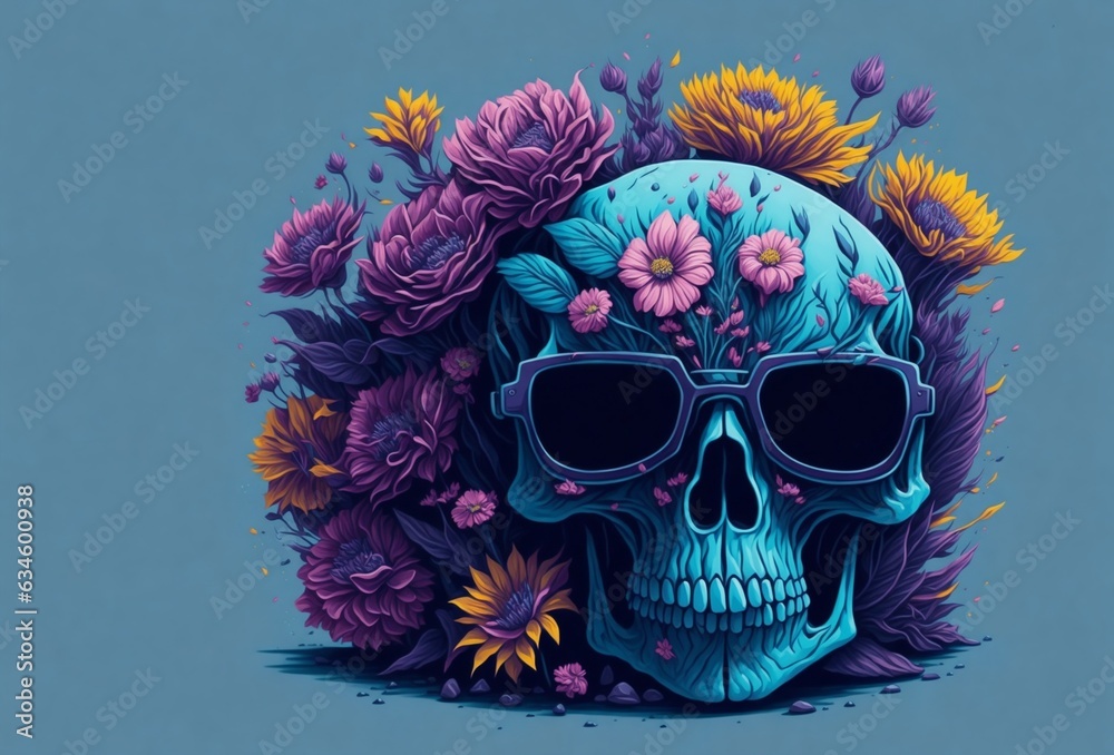 A detailed illustration a Dead Skull wearing trendy sunglasses isolated with flowers background. A detailed illustration a Dead Skull wearing trendy sunglasses isolated with flowers background.