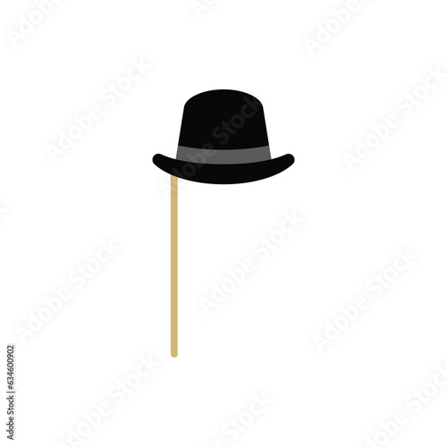 Black bowler hat mask, decorative fake flat element on stick, gentleman hipster vintage accessory vector illustration
