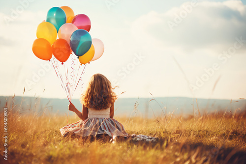 Vintage photo of Happy young girl holding colorful balloons and sitting on grass field - Generative AI