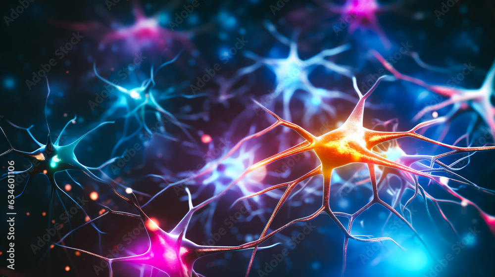 Neuron With Color a close-up view of a brain neuron with vibrant colors. It reveals a ...