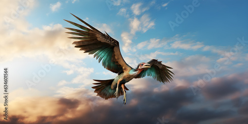 Archeopteryx. Primitive bird of the Jurassic period. Winged dinosaur flying over a sky of nines