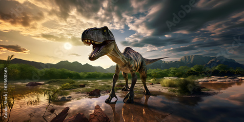 Allosaurus. Dinosaur from the Jurassic period with sunset landscape in the background  © David Costa Art