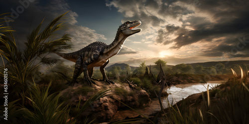 Allosaurus. Dinosaur from the Jurassic period with sunset landscape in the background 