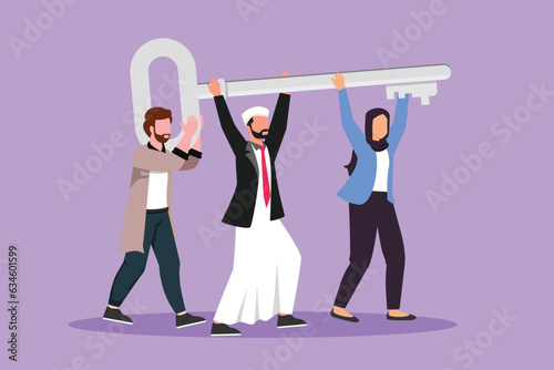 Character flat drawing business teamwork key of success. Arabian businessman working in team. People lifting key of success, stepping forward to open bright future. Cartoon design vector illustration