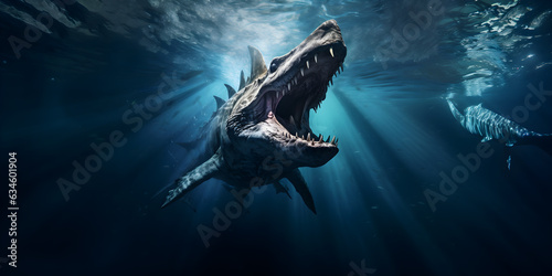 Pliosaurus, marine dinosaur from the Jurassic period. Terrifying marine predator hunting under the sea © David Costa Art