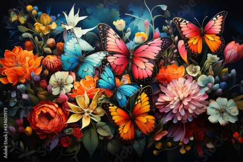 カラフルな花と蝶の背景 
