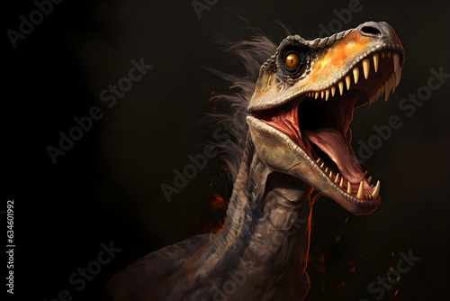 Velociraptor from the Cretaceous period. Dinosaur with big teeth, scaly skin and feathers on a black background  © David Costa Art