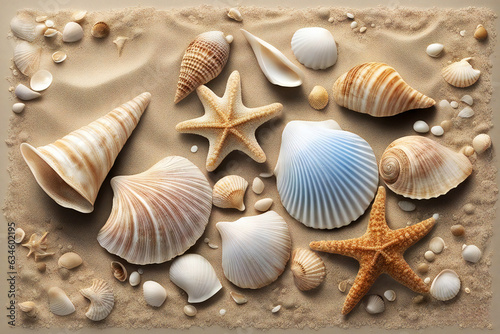 Assorted seashell and starfish on the beach.