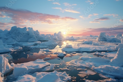 流氷の漂う海と水平線に沈む太陽
 photo