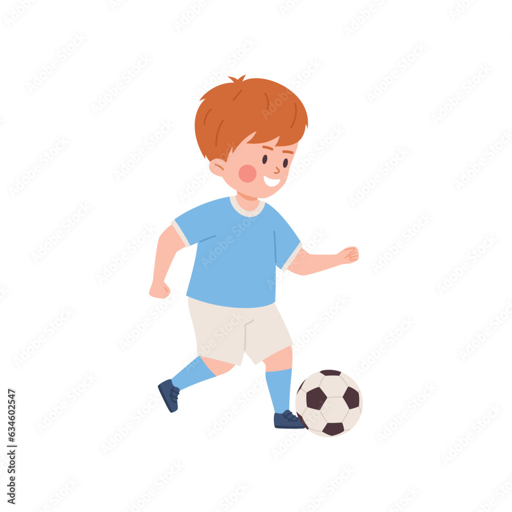 Little boy playing soccer, kicking ball, flat vector illustration isolated on white background.