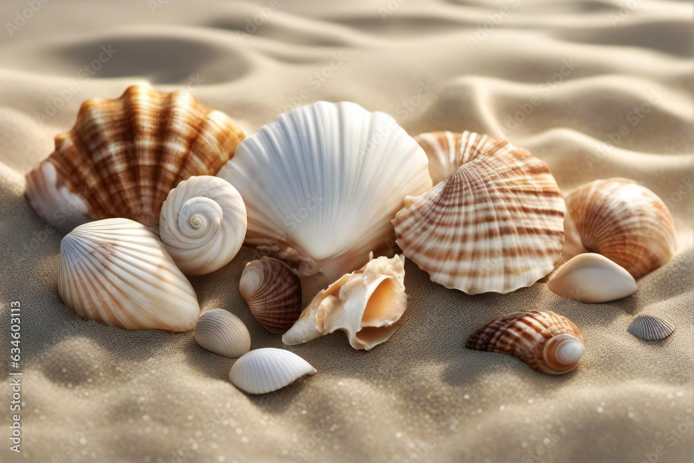 Assorted seashell on the sand beach.
